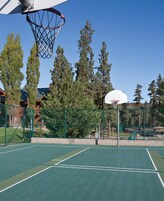 Una cancha de baloncesto al aire libre con aro, rodeada por una valla y árboles.