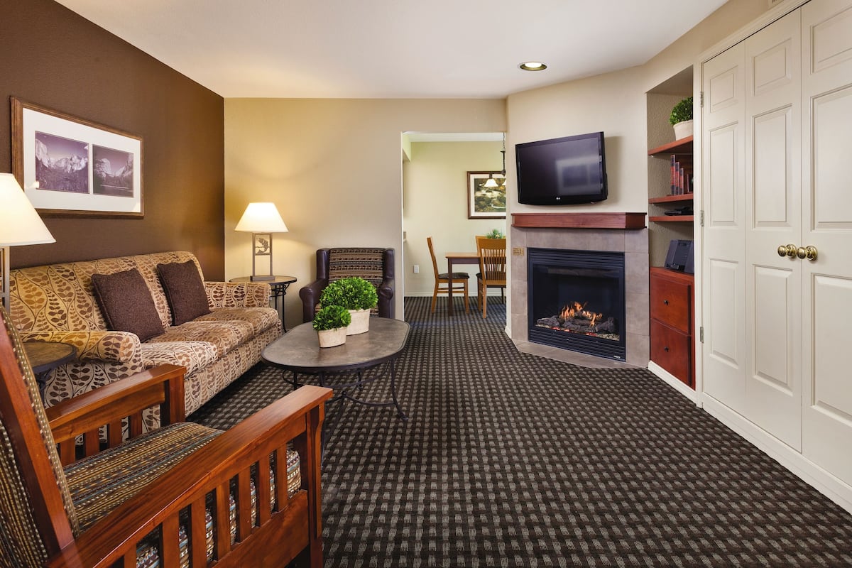 A living room with a sofa, armchair, coffee table, fireplace, television, and a dining area with chairs and a table.