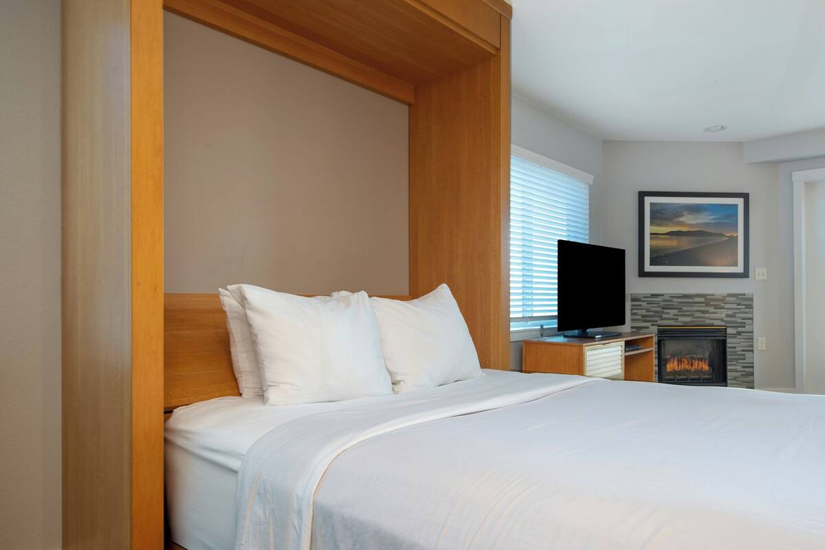 A bedroom with a bed, a television, a fireplace, and a framed picture on the wall.