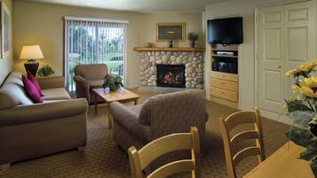 36-inch Smart TV with cable channels, fireplace