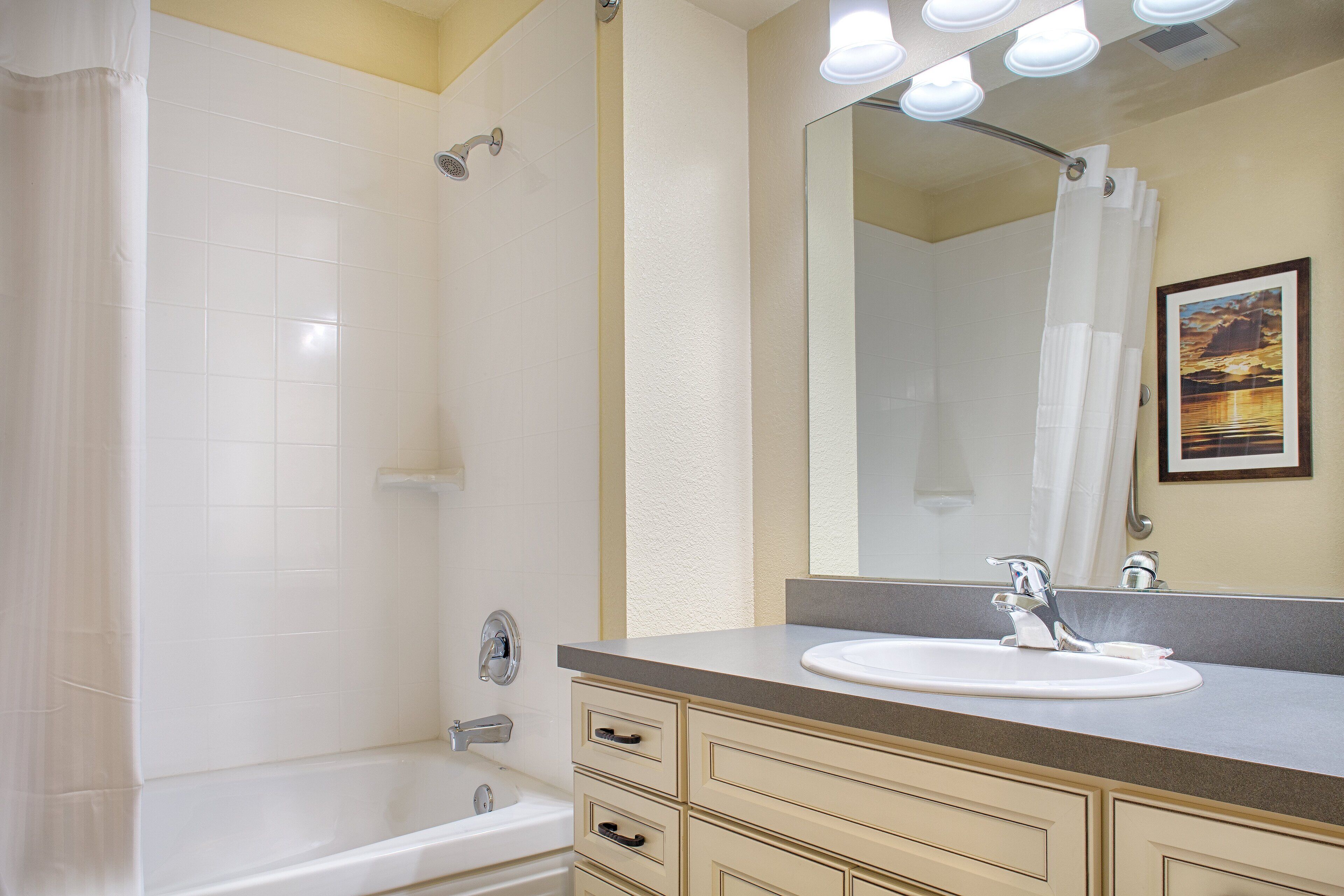 combined shower/bathtub, free toiletries, hair dryer, towels