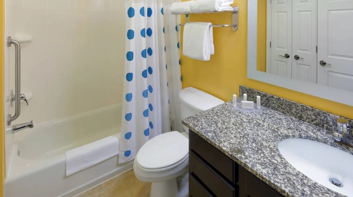 combined shower/bathtub, free toiletries, hair dryer, towels
