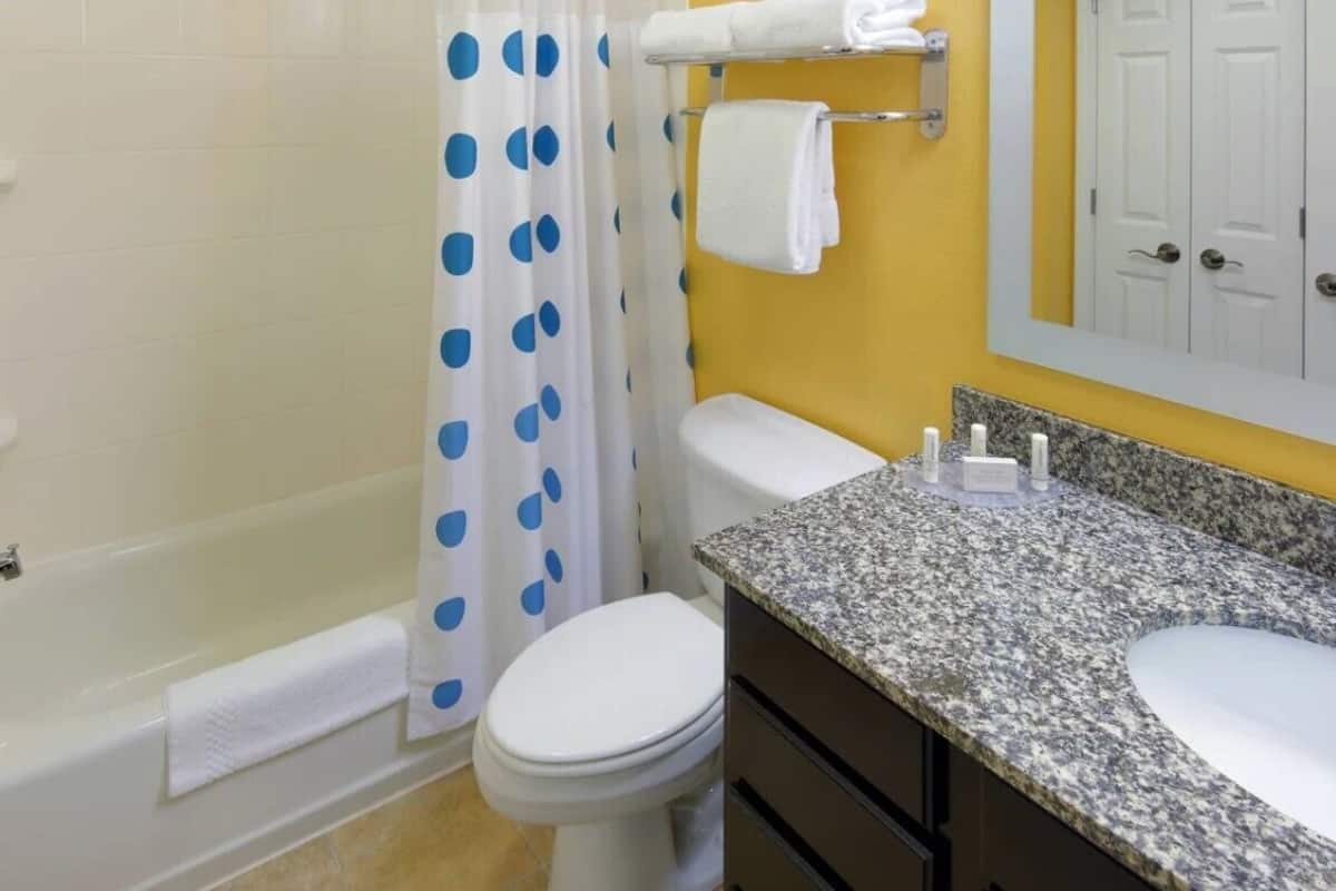 combined shower/bathtub, free toiletries, hair dryer, towels
