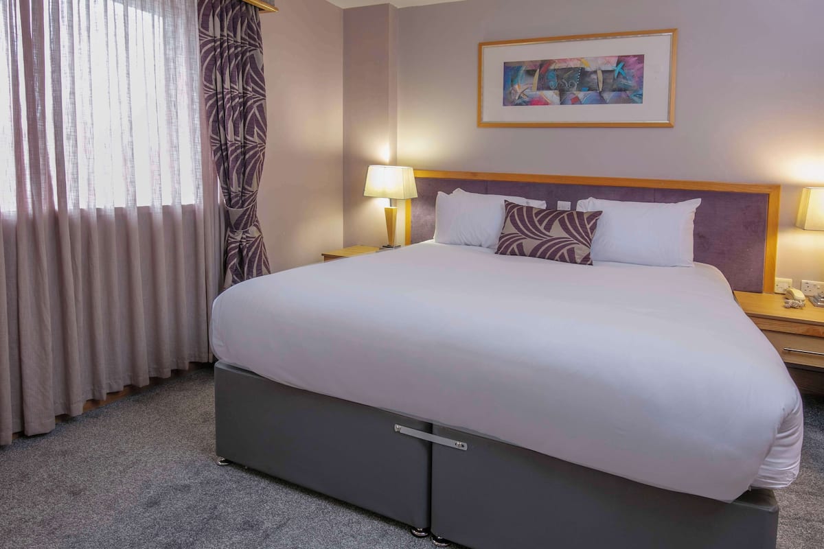 Une chambre d’hôtel avec un grand lit, une table de chevet avec une lampe, un tableau encadré au mur et une fenêtre avec des rideaux.
