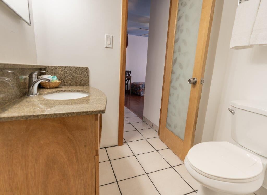 A bathroom with a granite countertop sink, a white toilet, and a door leading to a bedroom.