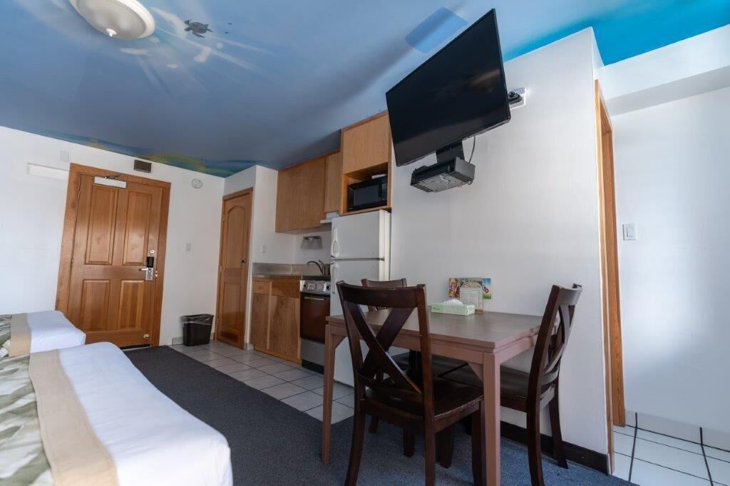 Une pièce de taille modeste comprenant un lit, un petit coin cuisine, une table à manger avec des chaises et un téléviseur fixé au mur.