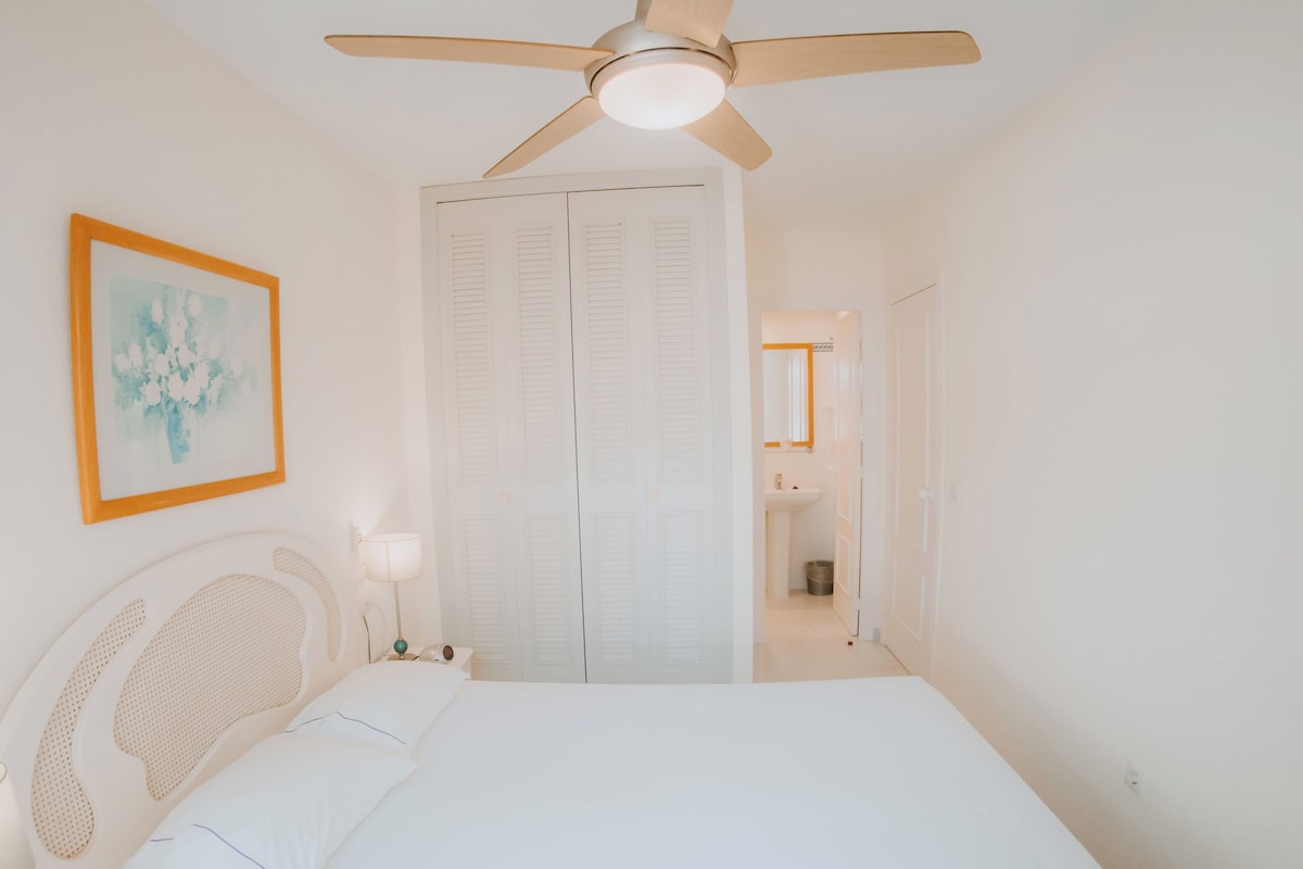 A bedroom with a bed, a ceiling fan, a nightstand, a framed picture, and a closet.