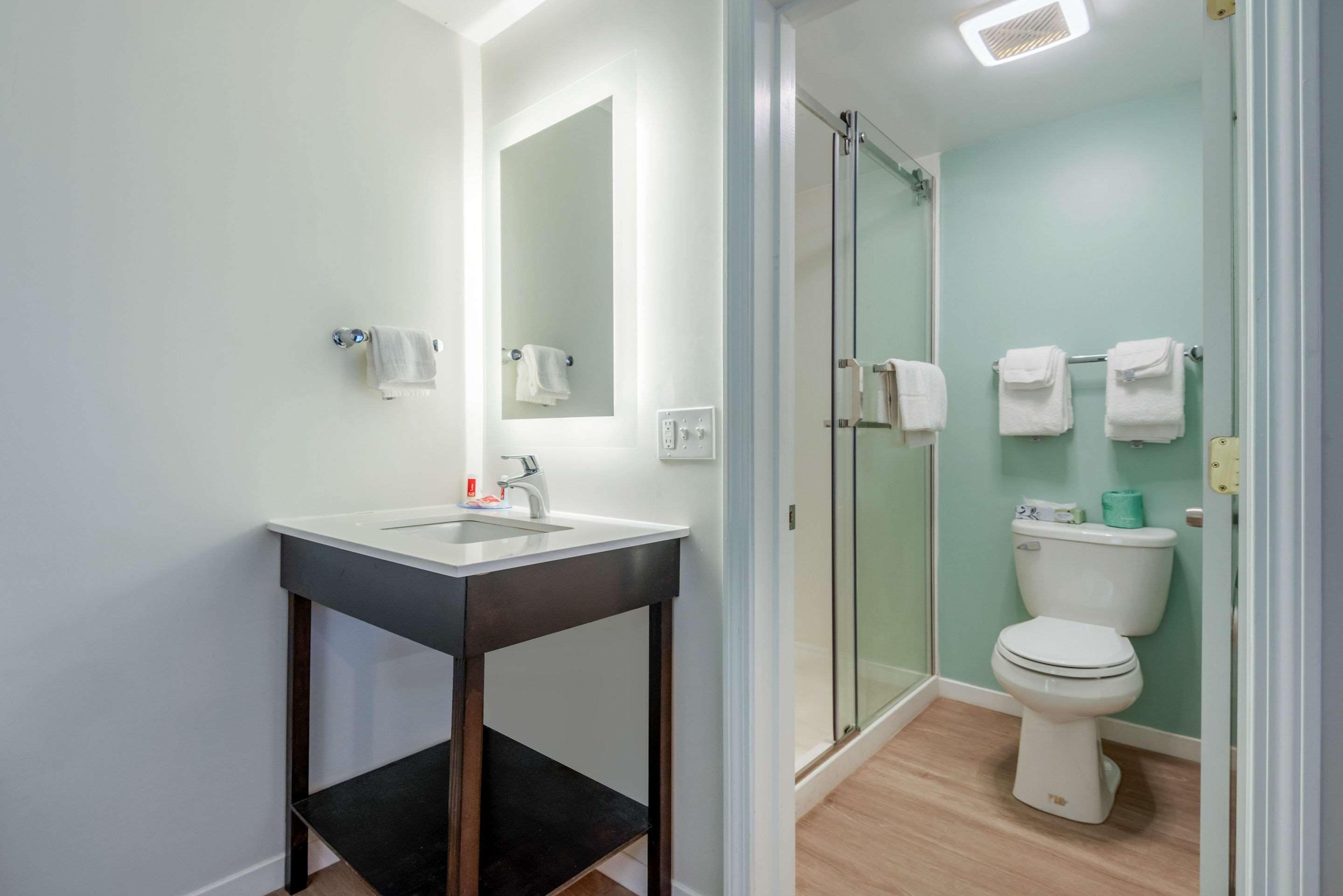 A modern bathroom with a glass shower enclosure, a white sink with a dark countertop, and a toilet with a green lid.
