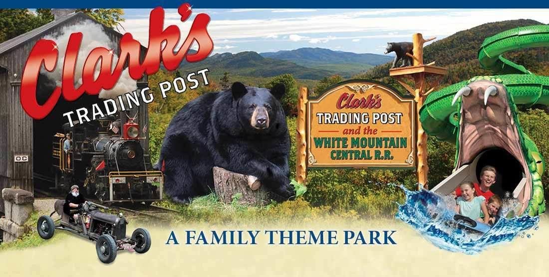 A family theme park with a trading post, a bear, a steam train, and a water slide.