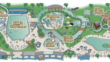 A theme park map with attractions like 'The Downpour', 'Willie's Wild Waves', and 'Beluga Boggin'.