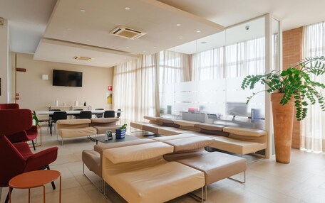 A modern waiting area with leather sofas, a large potted plant, and a TV mounted on the wall.