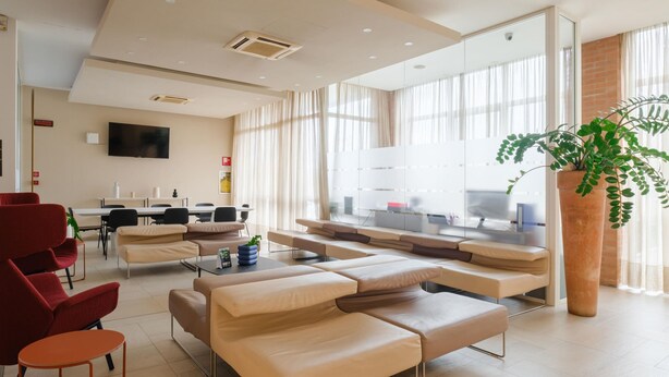 Un espace d’attente moderne, avec des canapés en cuir, une grande plante en pot et un téléviseur fixé au mur.