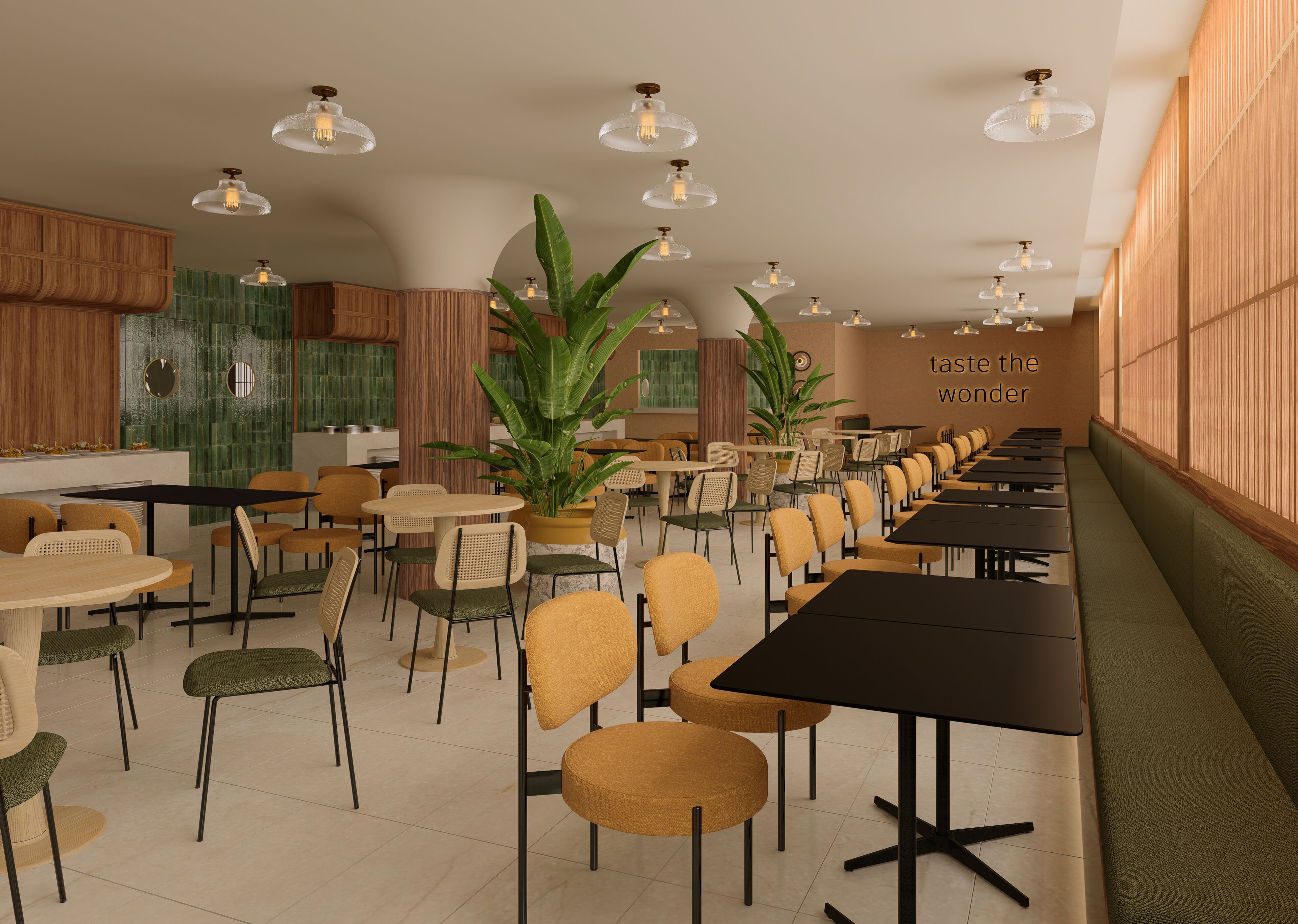 Un restaurante moderno con una barra larga, varias mesas y sillas. Hay plantas en macetas y una pared con la frase: 'taste the wonder'.