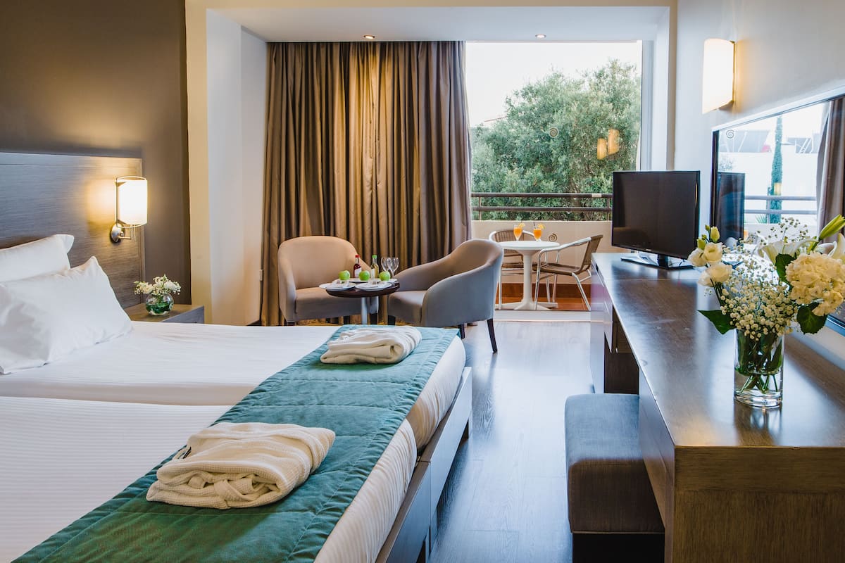 A hotel room with a bed, a desk, a chair, a TV, and a balcony with a view of trees.