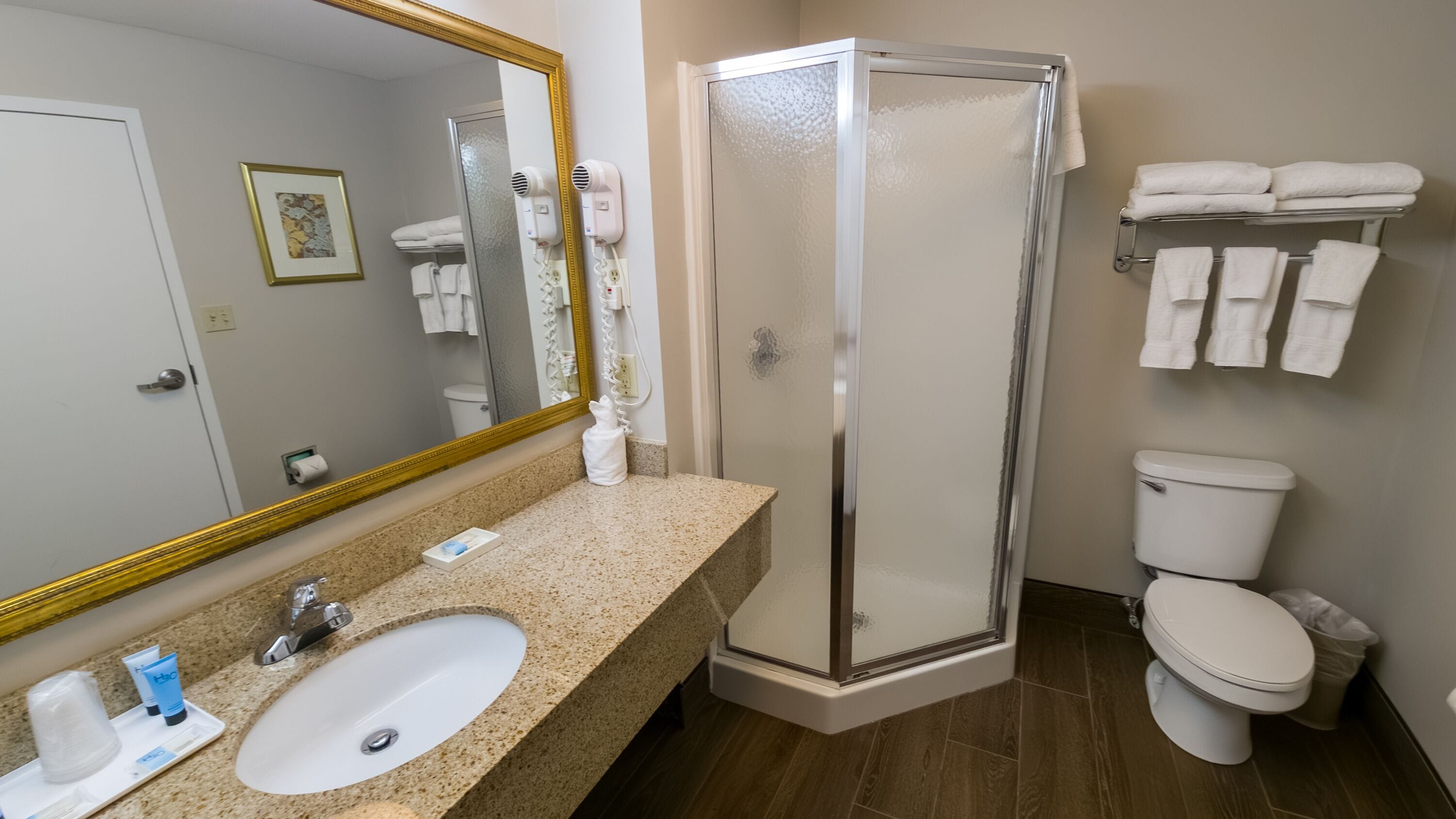 A bathroom with a sink, mirror, shower, and toilet.