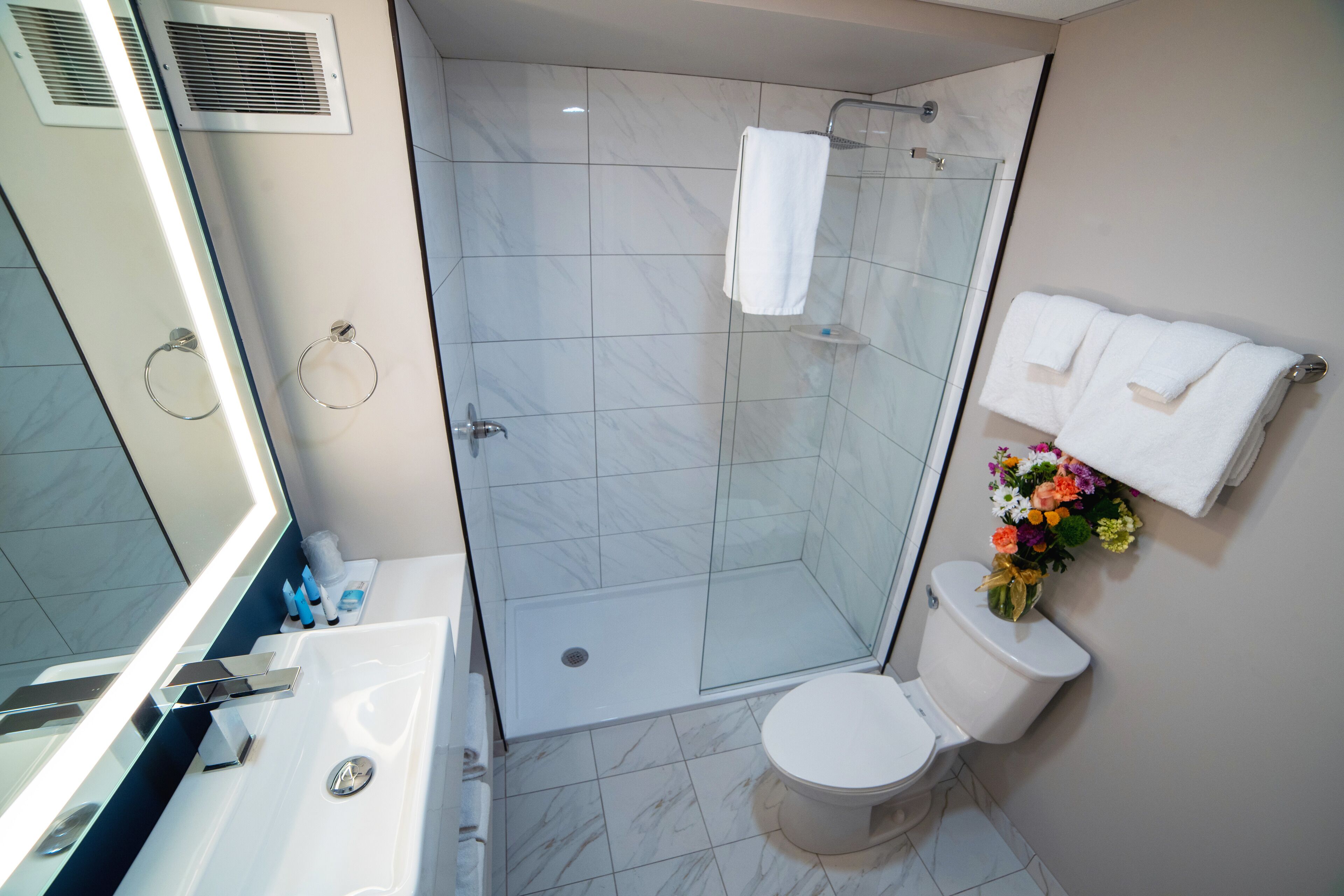 Un baño moderno con ducha de vidrio, un lavabo blanco y un inodoro.