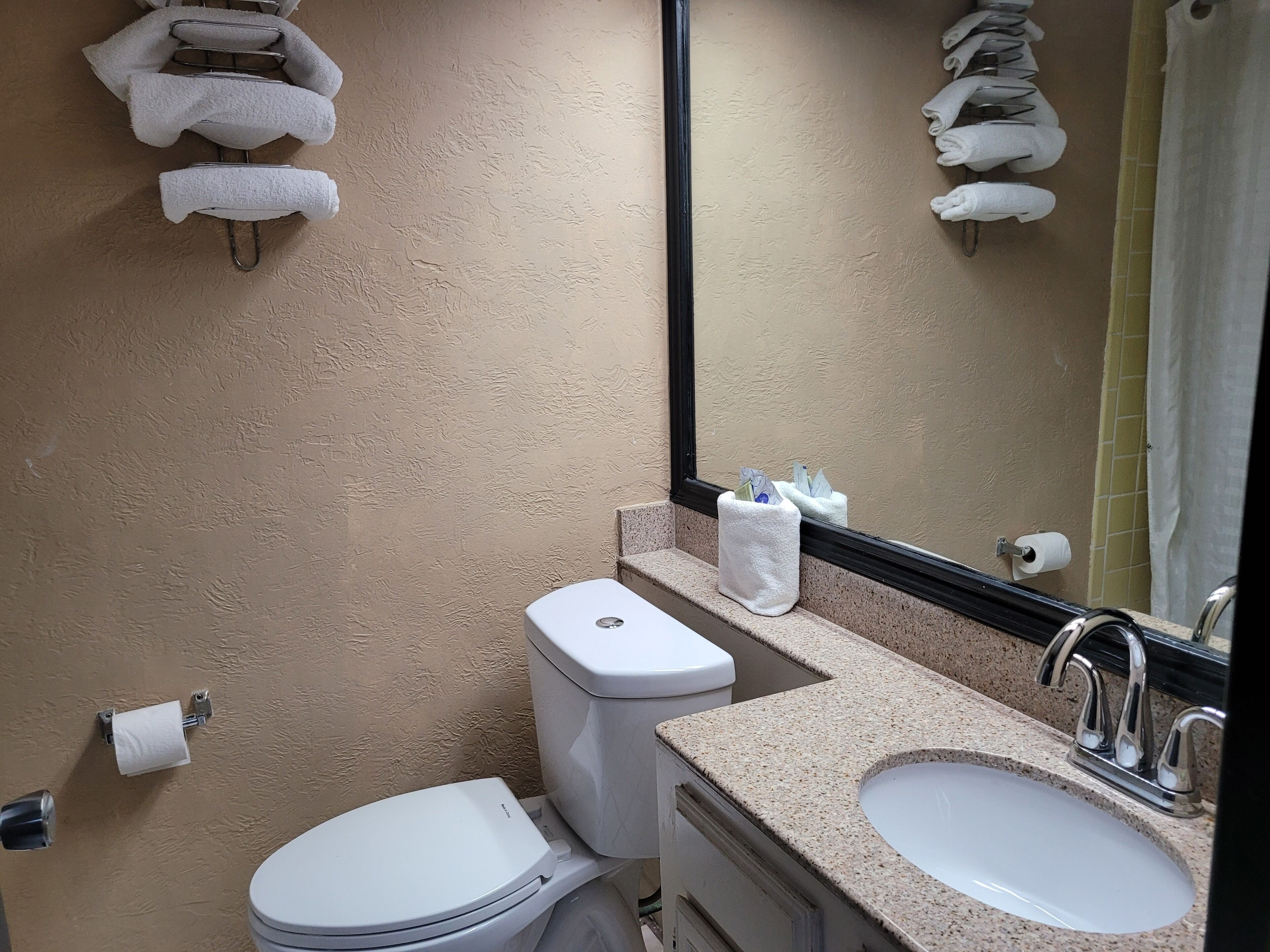 A bathroom with a toilet, sink, and towel rack.