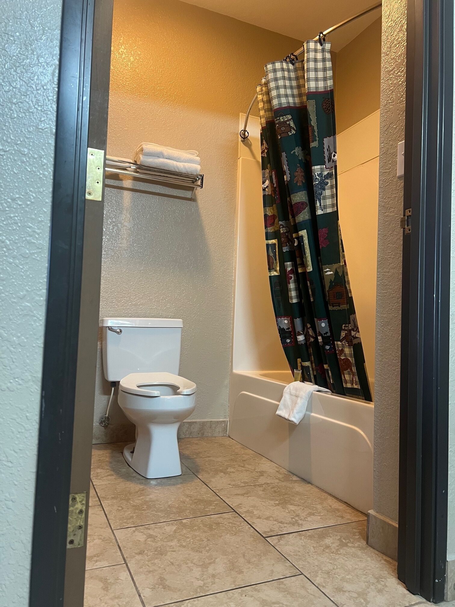 A bathroom with a toilet, a bathtub, and a shower curtain.