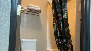 A bathroom with a toilet, a bathtub, and a shower curtain.