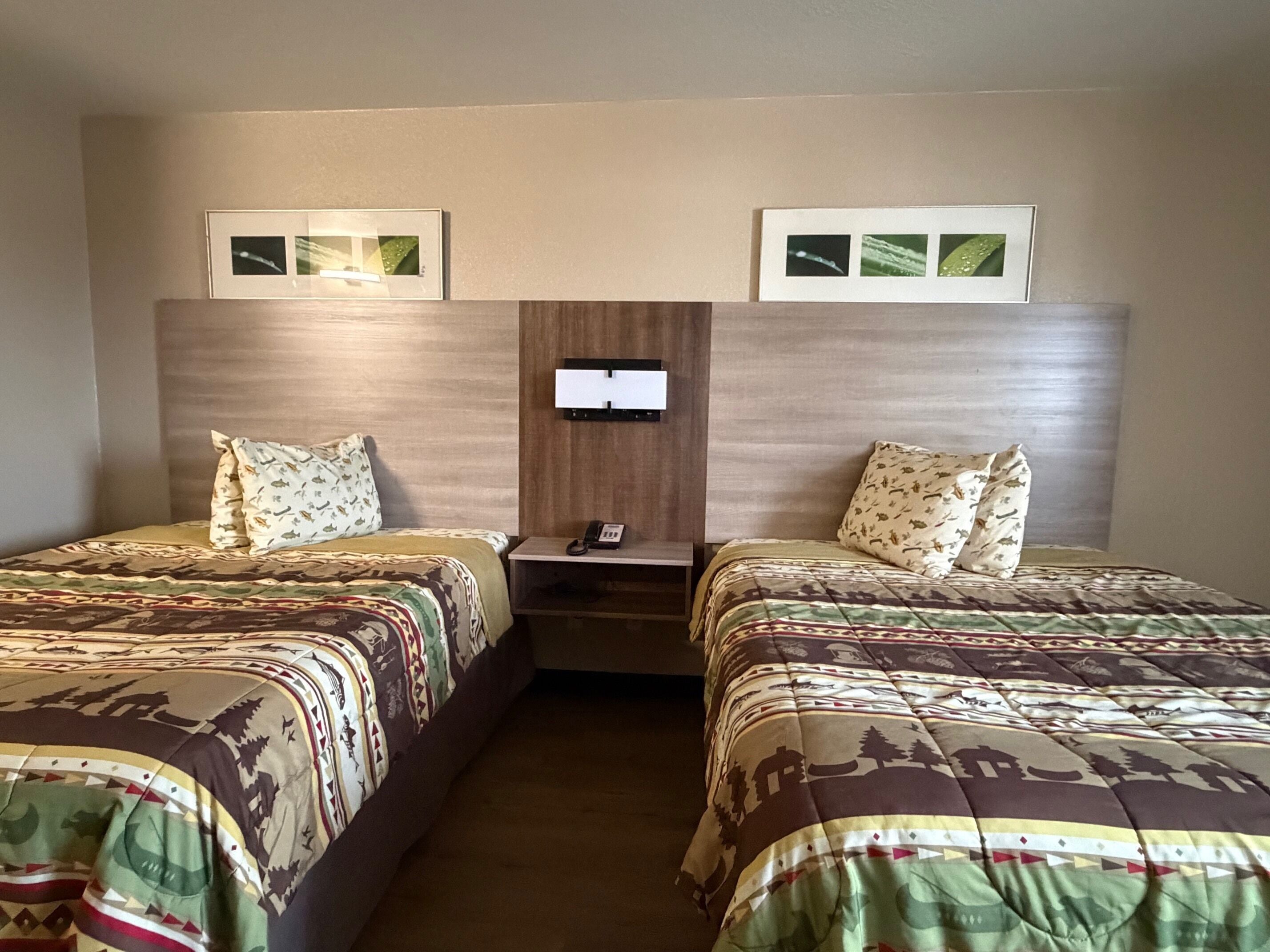 Standard Room, 2 Queen Beds, Non Smoking | In-room safe, desk, blackout drapes, iron/ironing board