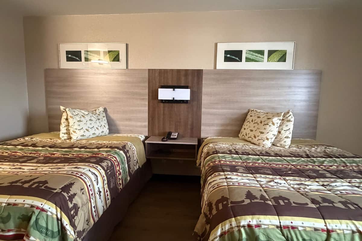 A hotel room with two beds, each with patterned bedding, a nightstand with a phone, and framed pictures on the wall.