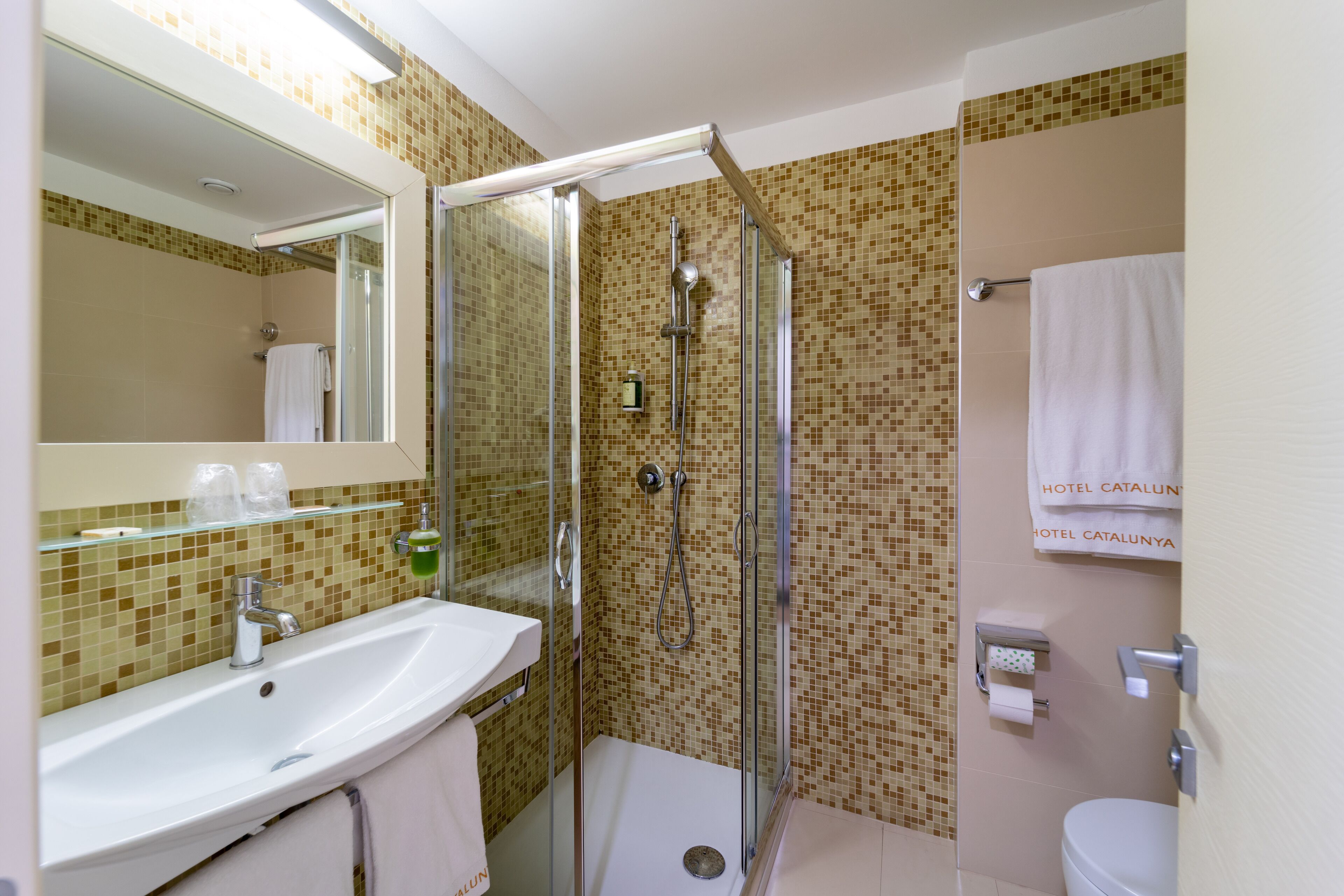 A bathroom with a glass-enclosed shower, a sink with a mirror, and a toilet.