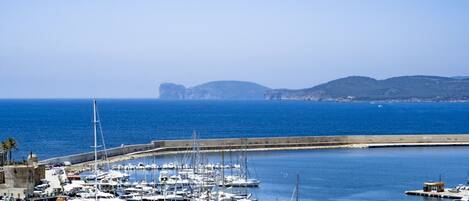 A marina with multiple boats docked, a clear blue sky, and distant hills.