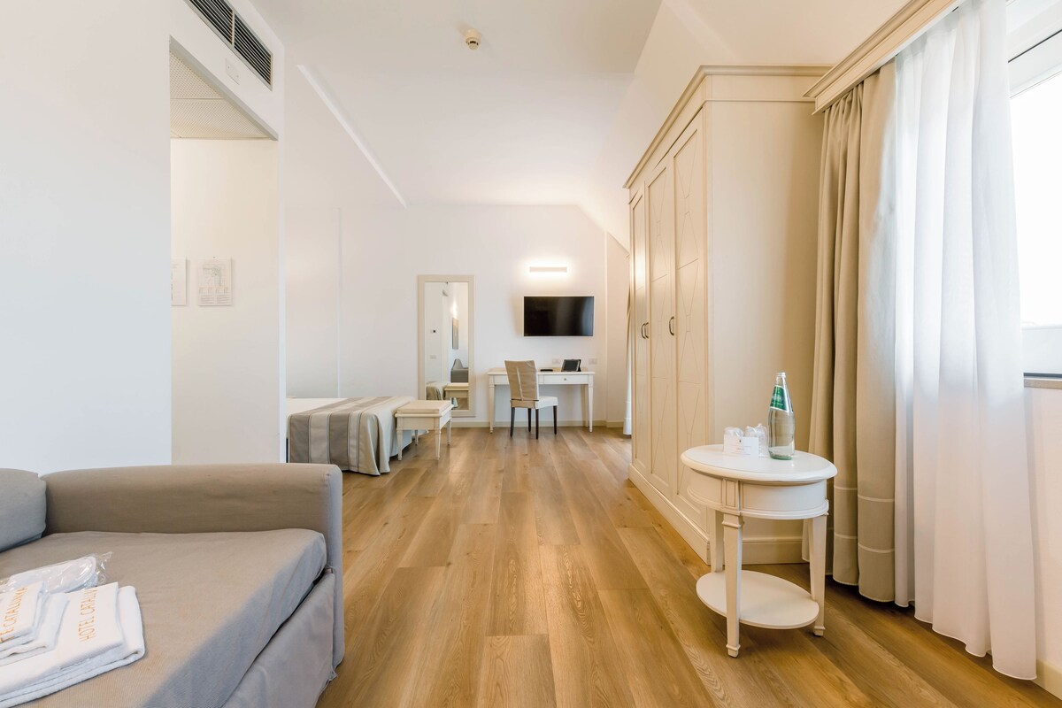 Habitación de hotel con cama, escritorio, silla, televisión y una mesita de noche con artículos de aseo.