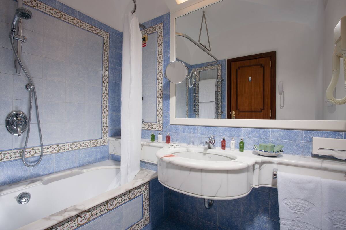 combined shower/bathtub, free toiletries, hair dryer, towels