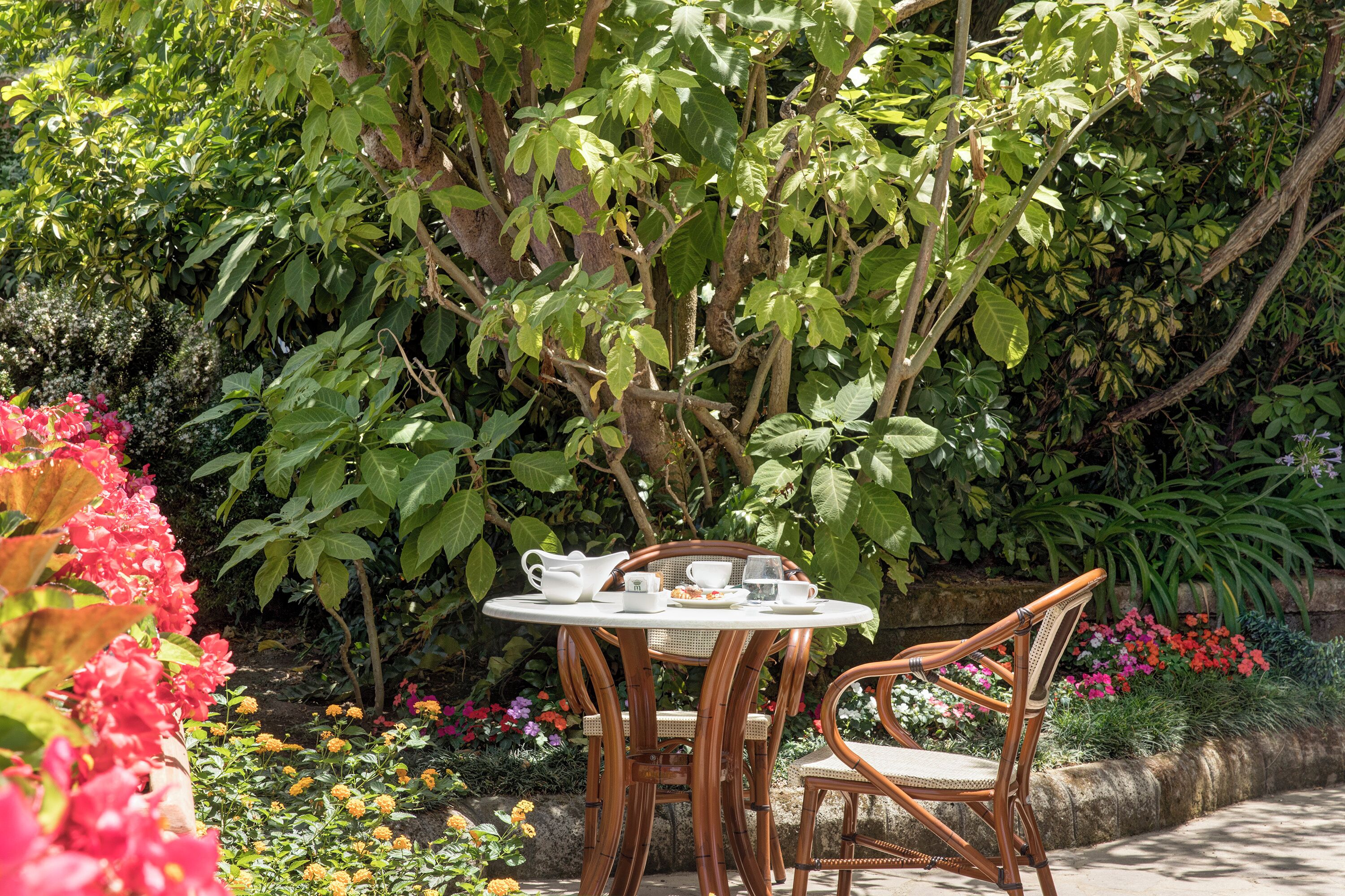 Mesa redonda con sillas en un jardín, rodeada de plantas y flores diversas.