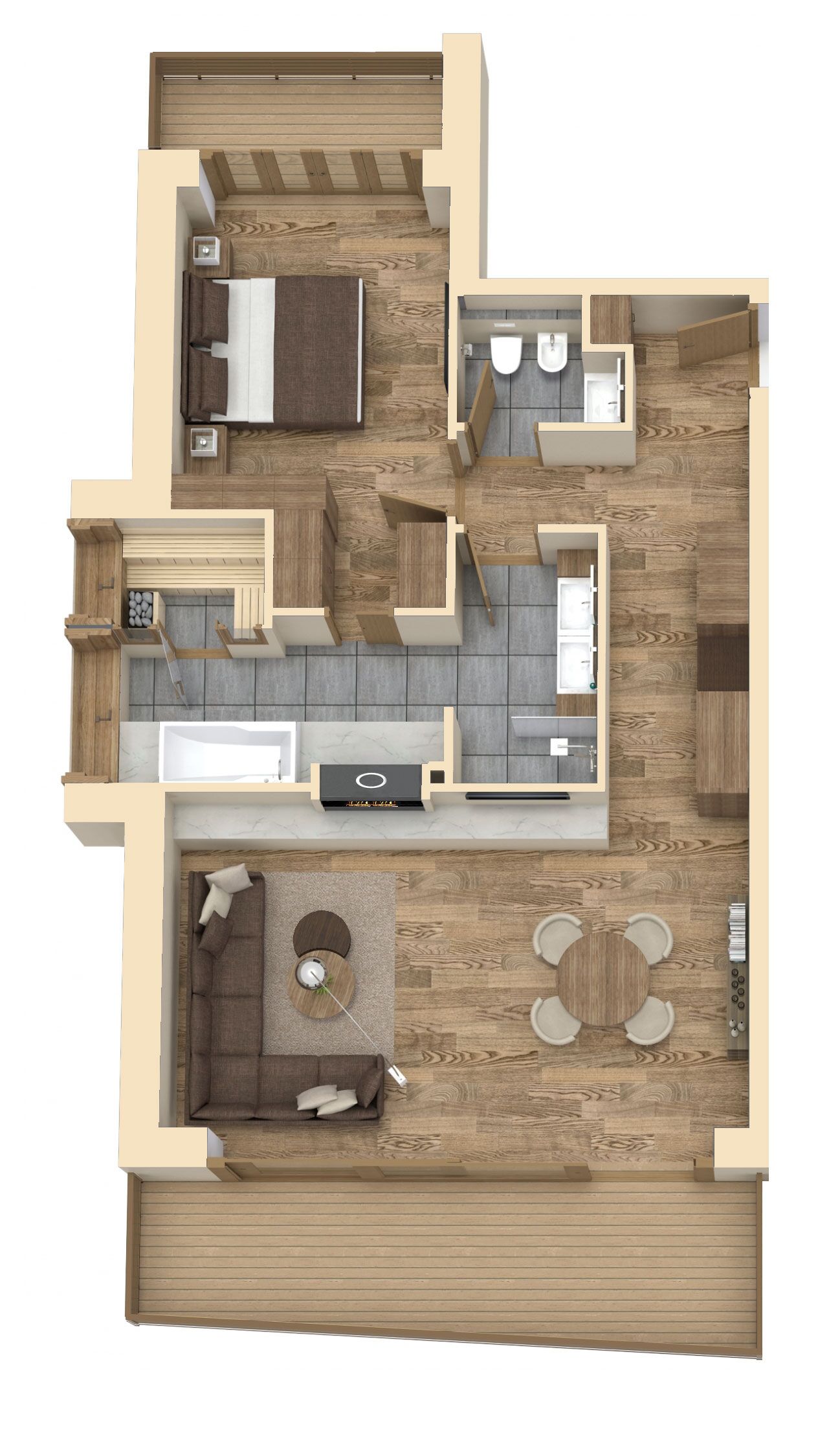 Distribución de un apartamento de dos habitaciones, con cocina, comedor y un balcón pequeño.