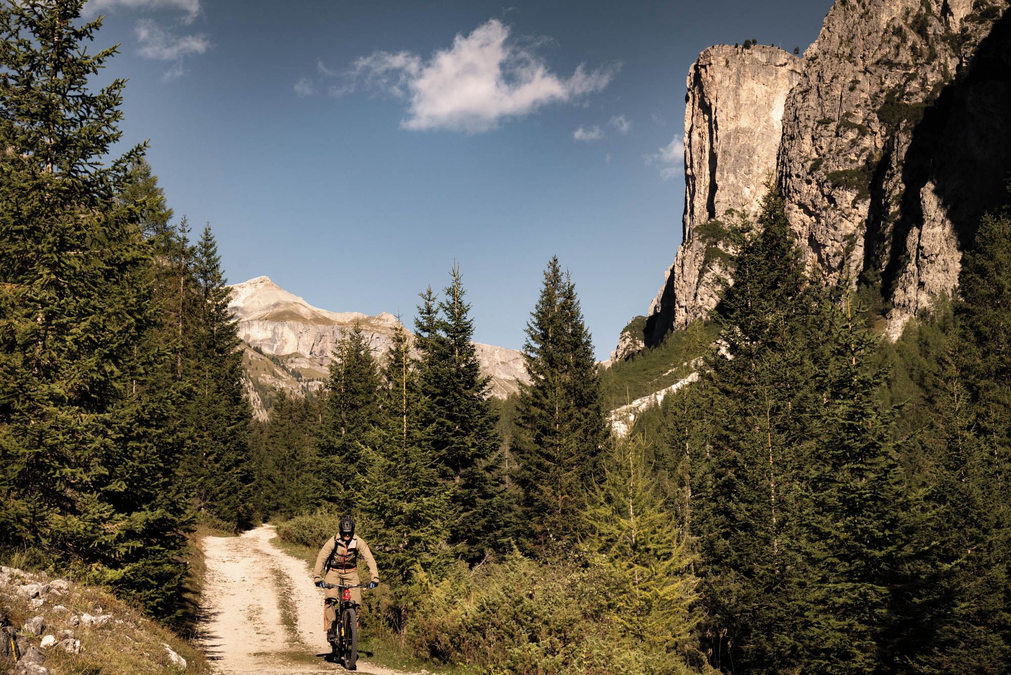 A mountain biker on a dirt path surrounded by dense forest and rocky cliffs.