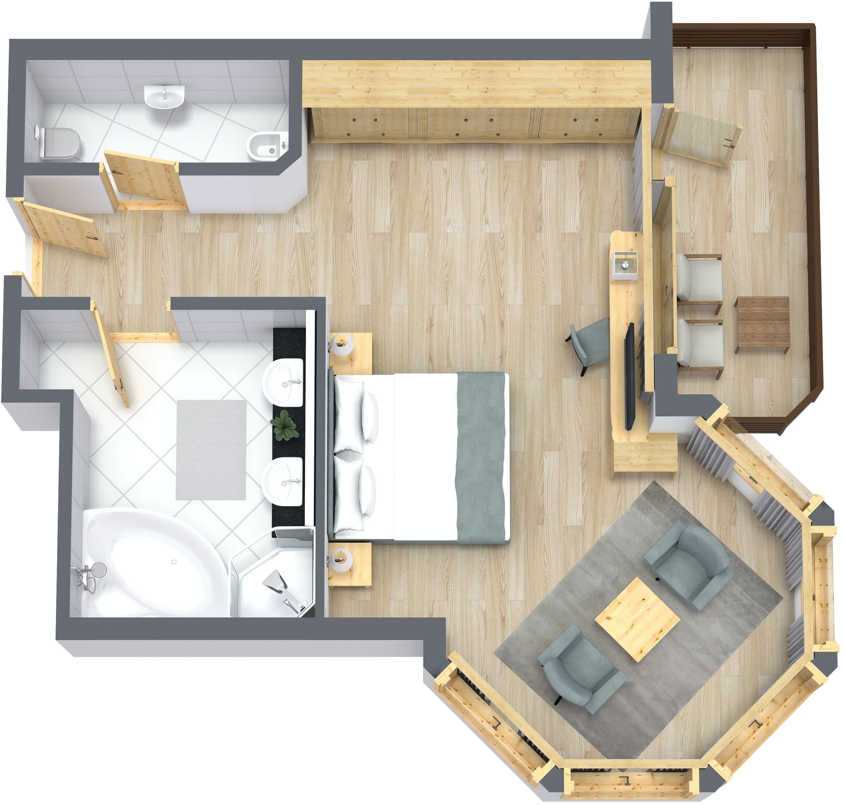 Plano de planta de una habitación de hotel con baño, una zona de estar con sofá y mesa, y una cama.