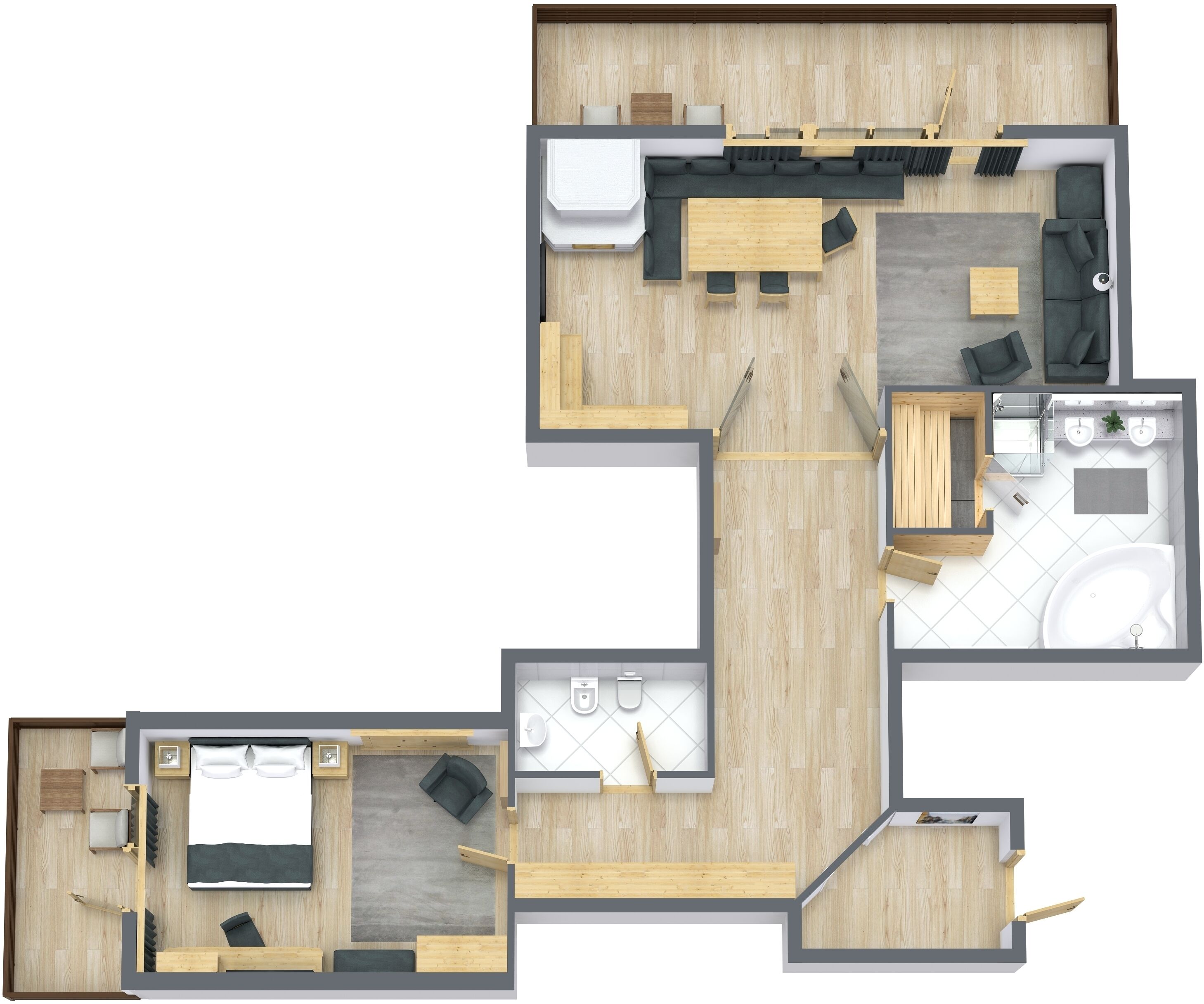 En planritning över ett hotellrum med en säng, en sittgrupp, ett badrum och ett litet kök.