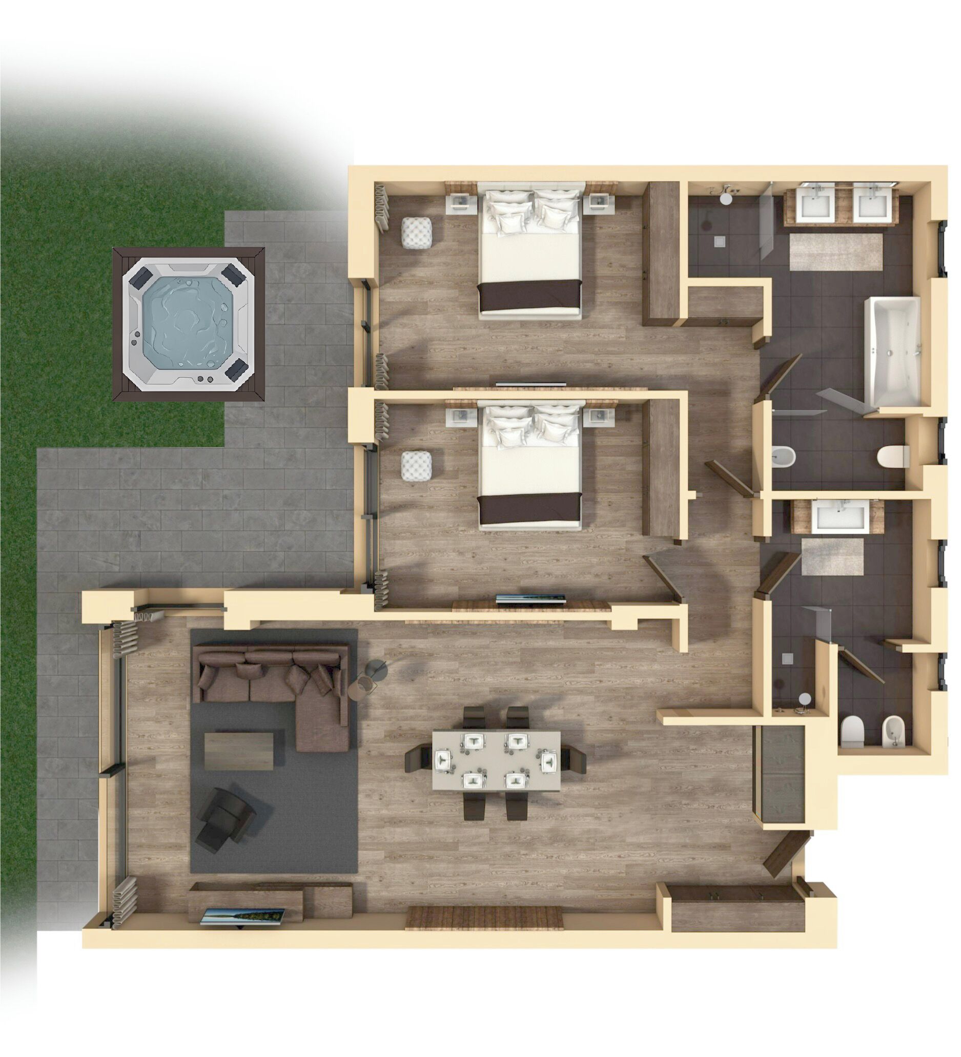 A 2-story house with a master bedroom, two guest bedrooms, a bathroom, a kitchen, a dining area, and a patio with a hot tub.