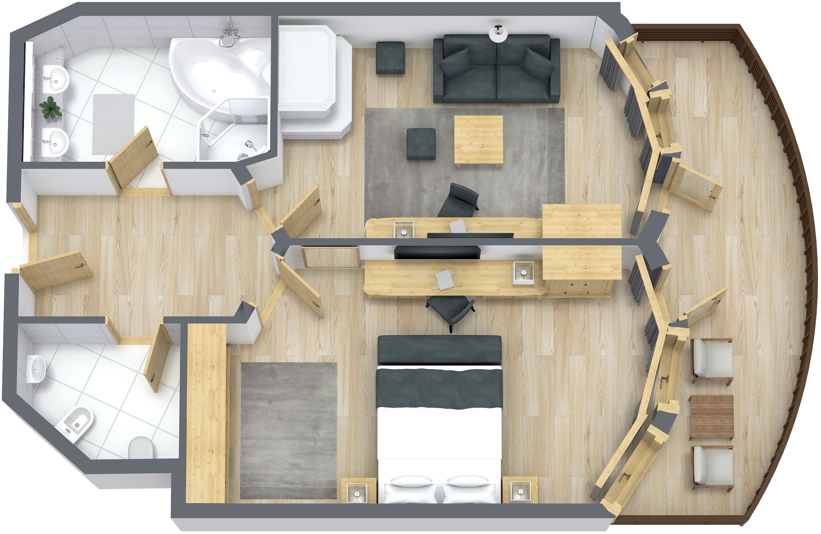 Distribución de una habitación de hotel que incluye baño, zona de estar con sofá y mesa de comedor, y un dormitorio independiente con cama.