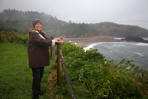 Una persona de pie junto a una valla de madera contemplando una playa con olas rompiendo en la orilla.