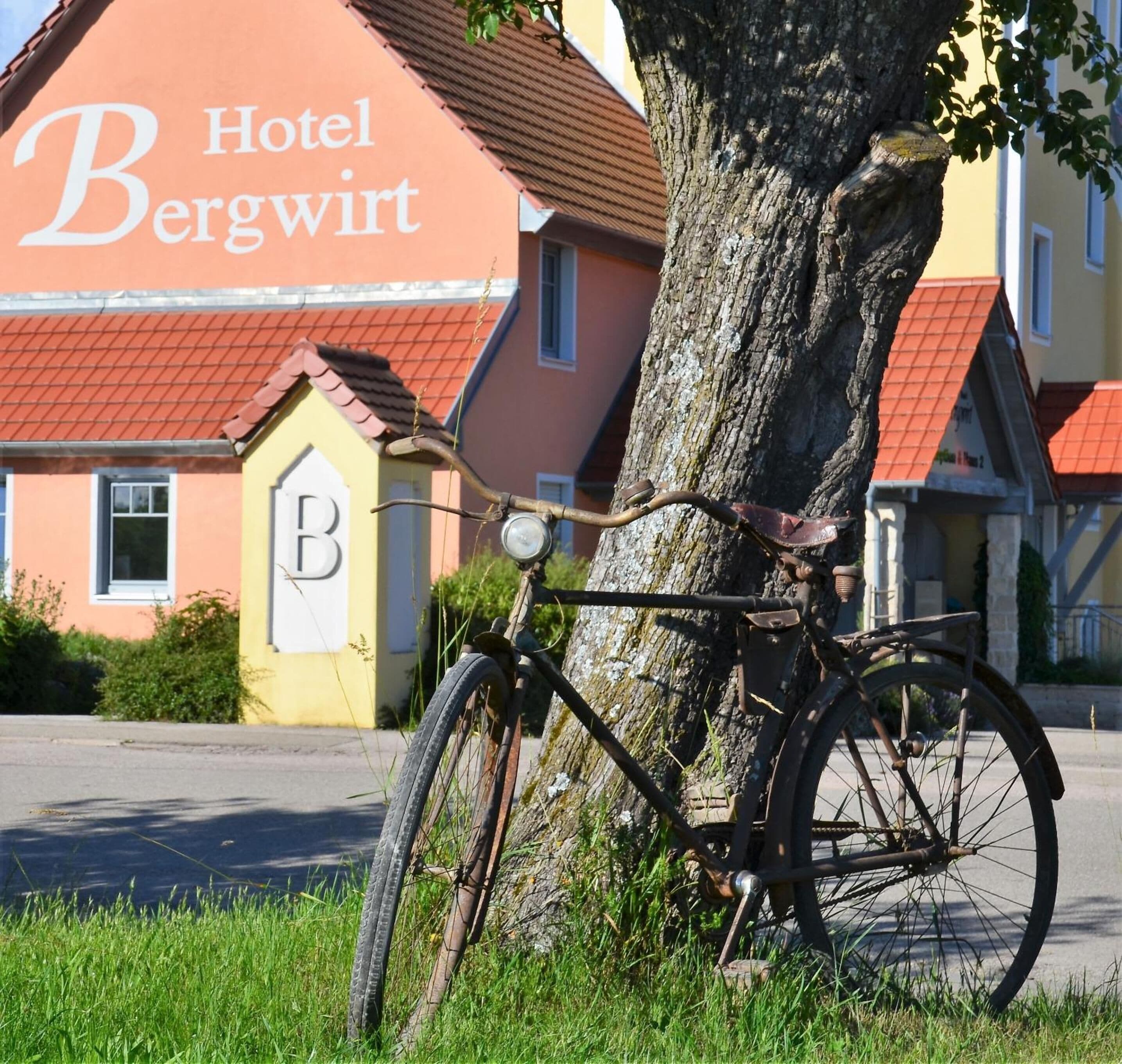 Un vélo est garé contre un arbre devant un immeuble sur lequel on peut lire l’inscription « Hôtel Bergwert ».