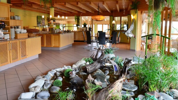 Un restaurante con interior de madera, una isla central con asientos y un estanque decorativo con rocas y plantas.