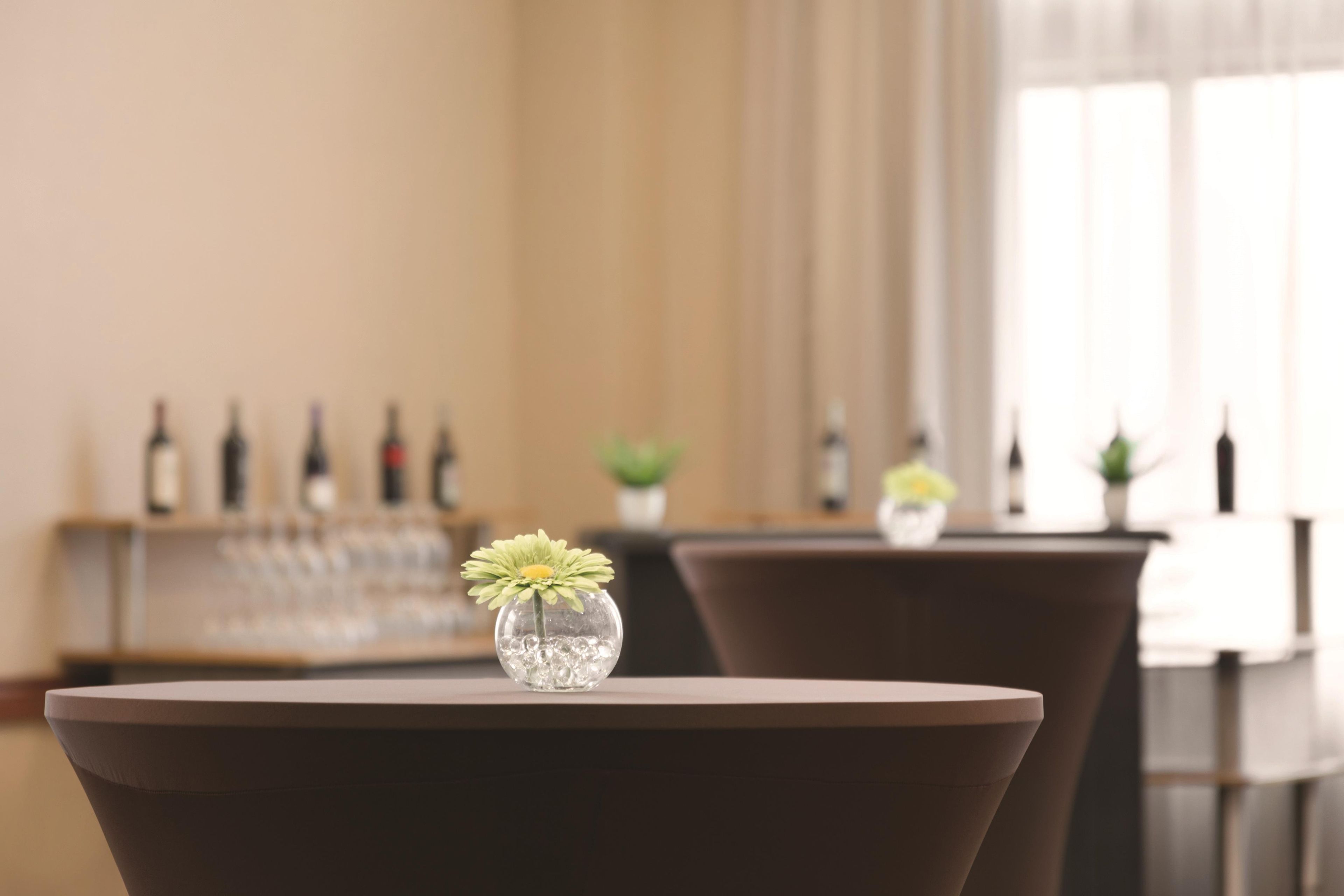 En bar med et udvalg af flasker på hylder, en lille vase med en blomst på et bord og et vindue med gardiner.