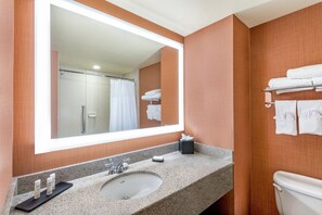 A bathroom with a large mirror, a sink, a toilet, and a towel rack. - Embassy Suites by Hilton St. Louis St. Charles (St. Charles)