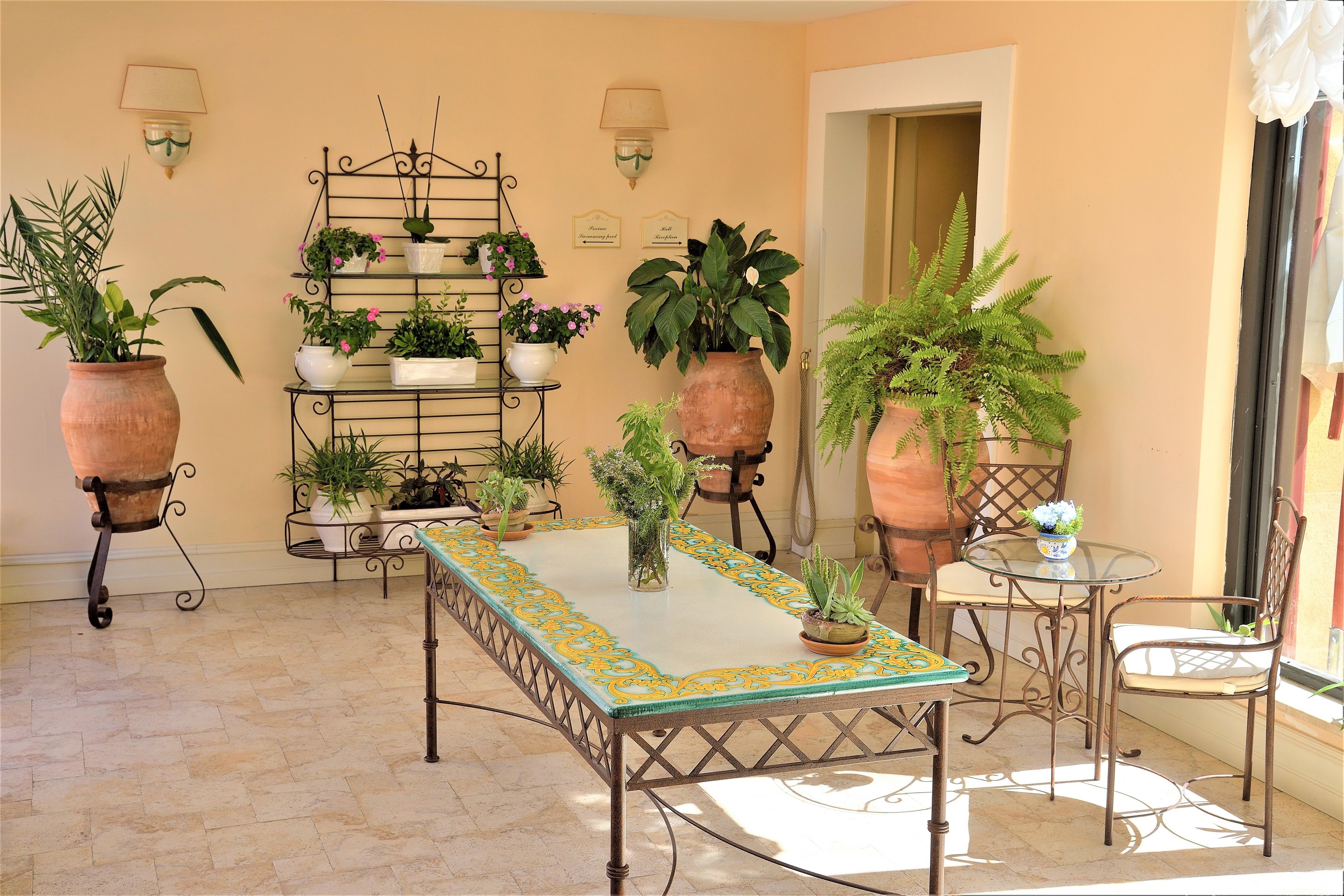 Un patio soleggiato con un tavolo lungo, sedie e piante in vaso.
