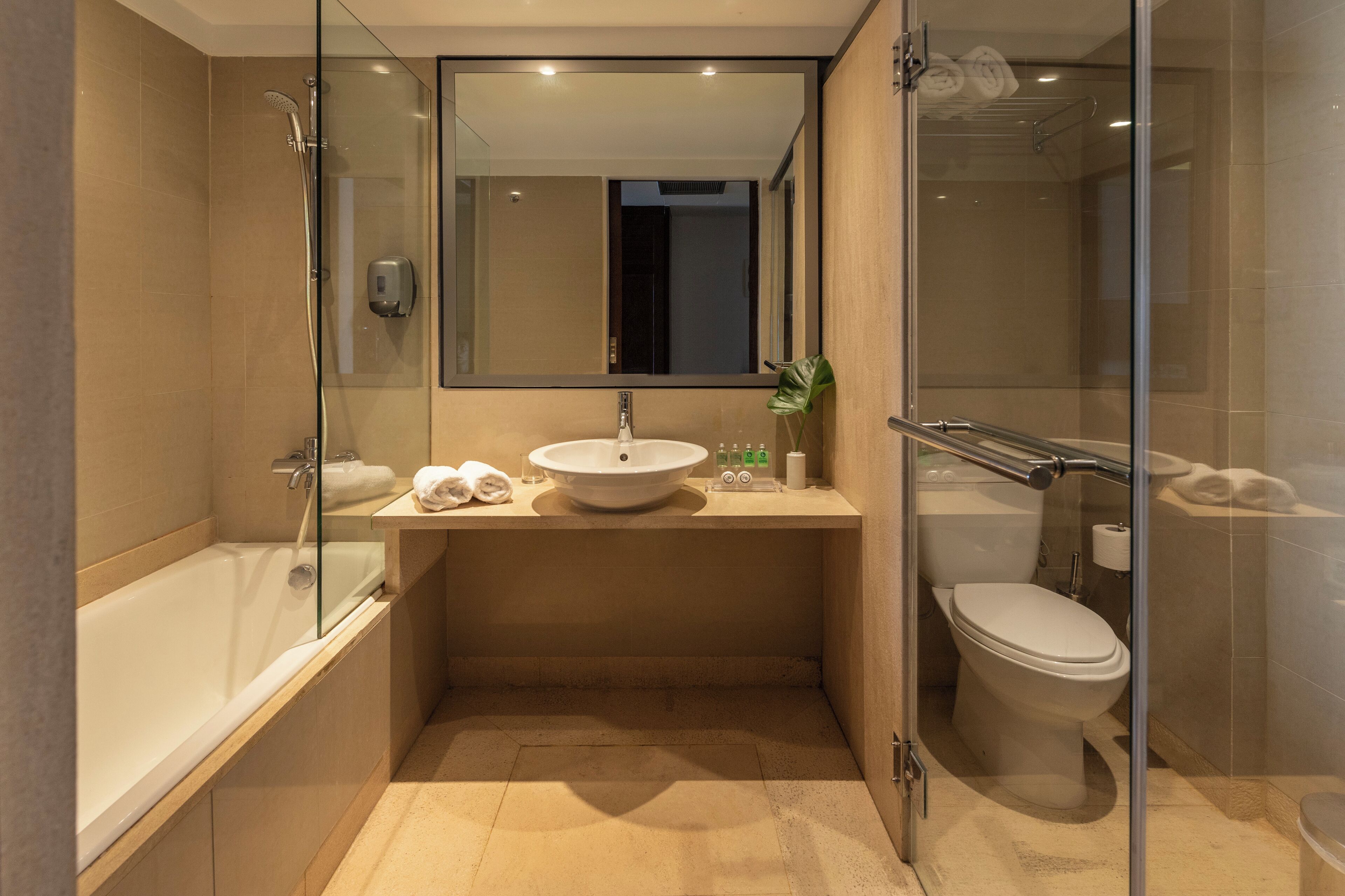 free toiletries, hair dryer, towels, toilet paper