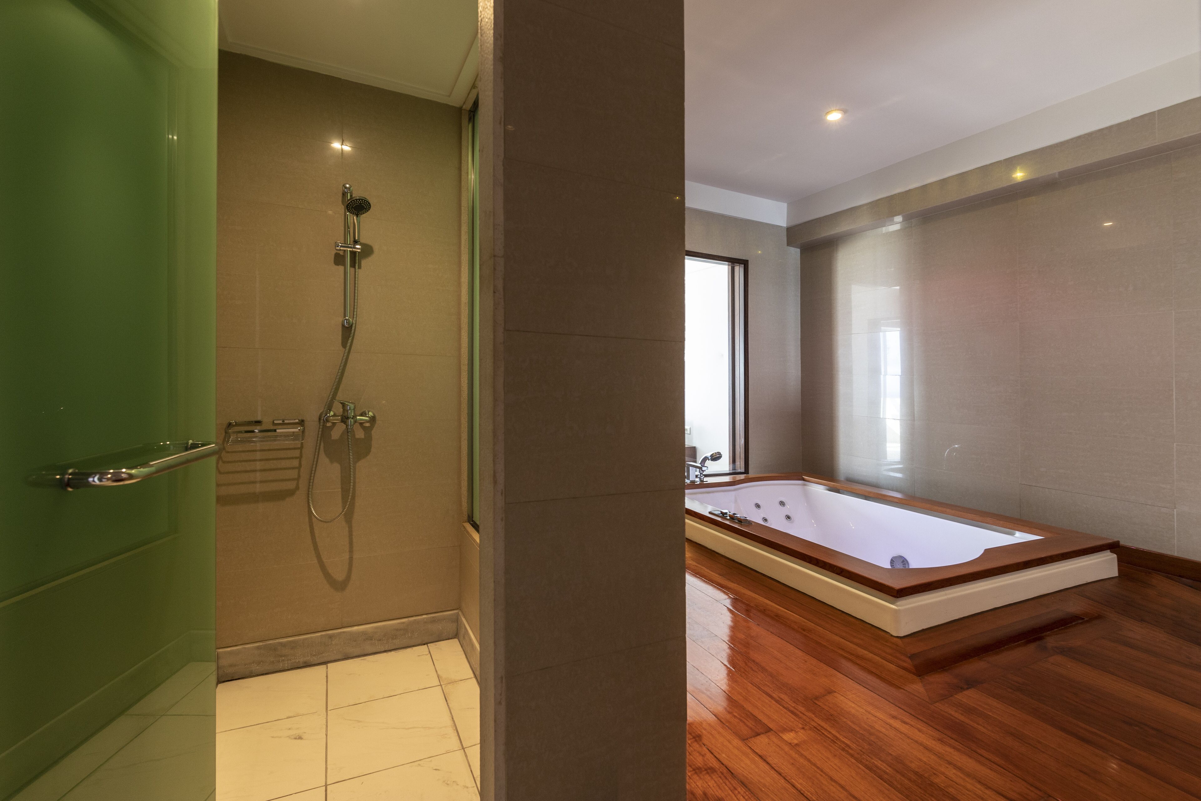A modern bathroom with a walk-in shower, a freestanding bathtub, and a green door.