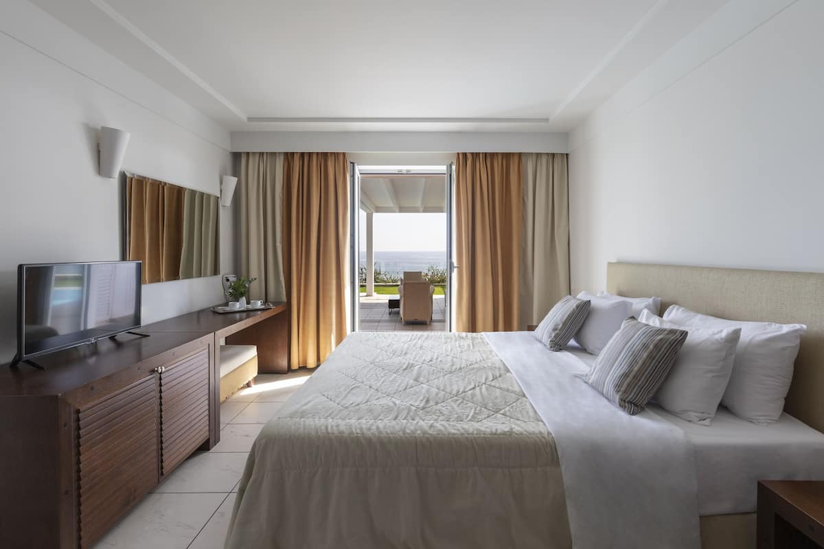 A hotel room with a bed, a TV, a desk, and a view of the outdoors.