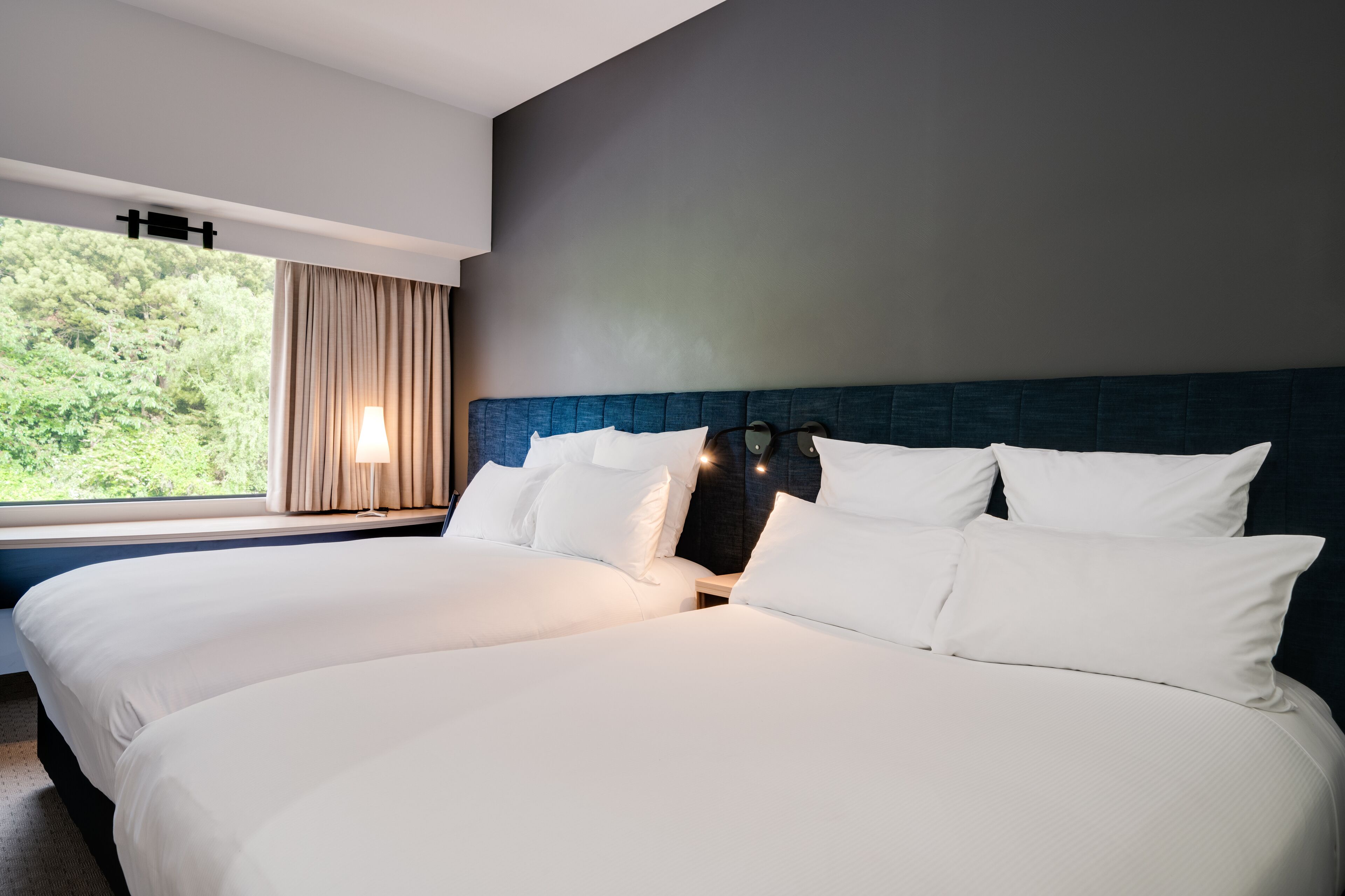 hypo-allergenic bedding, down duvets, desk, blackout curtains