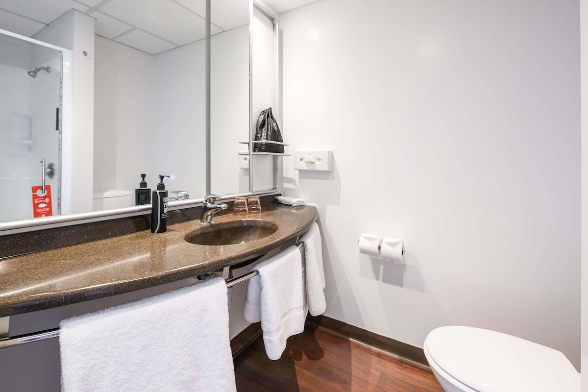 Hypo-allergenic bedding, down comforters, desk, blackout drapes