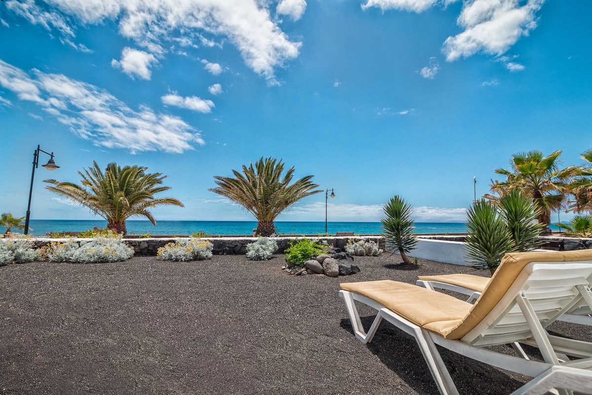 Een terras aan het strand met loungestoelen, palmbomen en uitzicht op de oceaan.