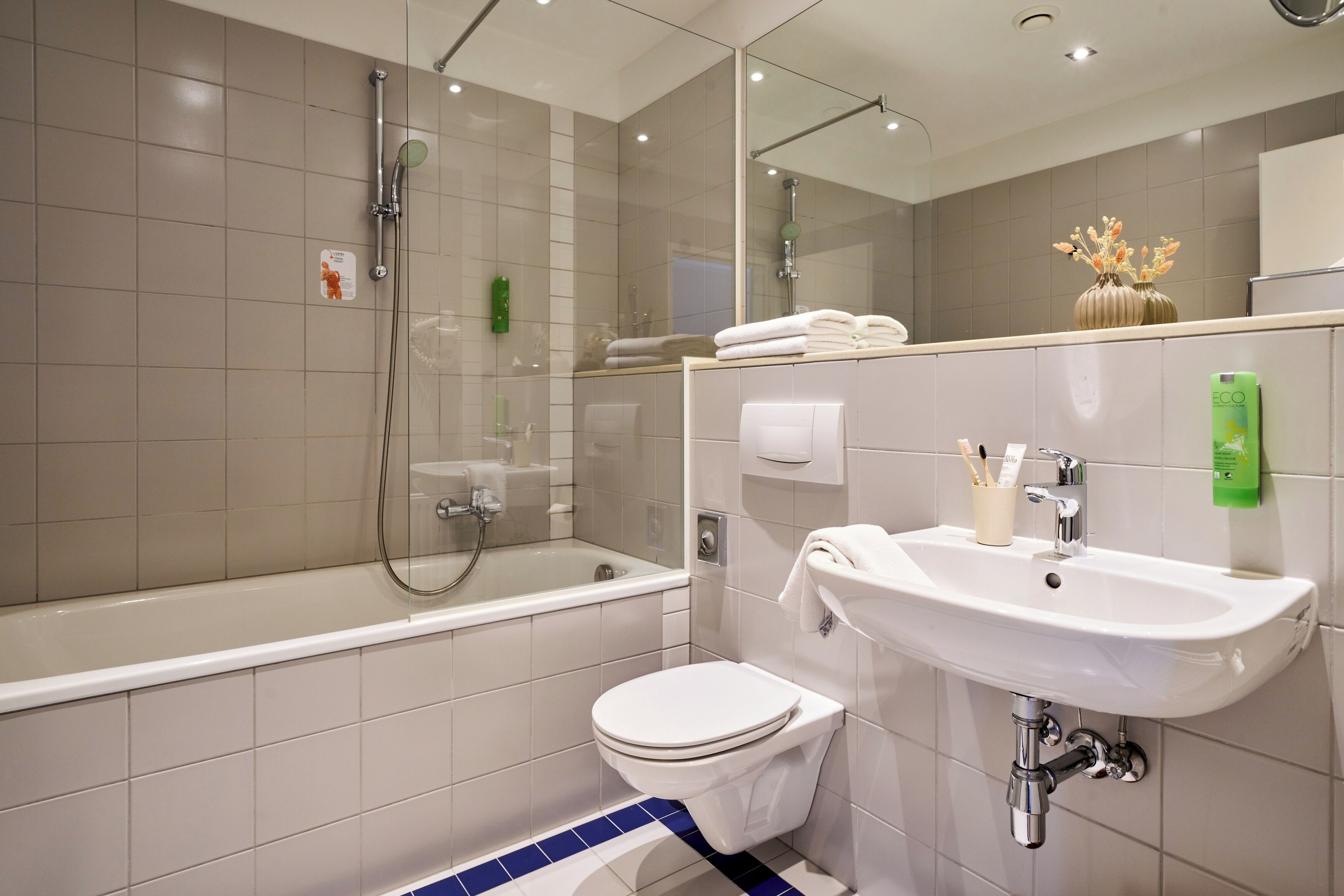 eco-friendly toiletries, hair dryer, slippers, towels