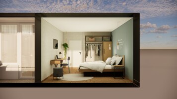 Quarto moderno com cama, mesa de cabeceira e planta pendente.